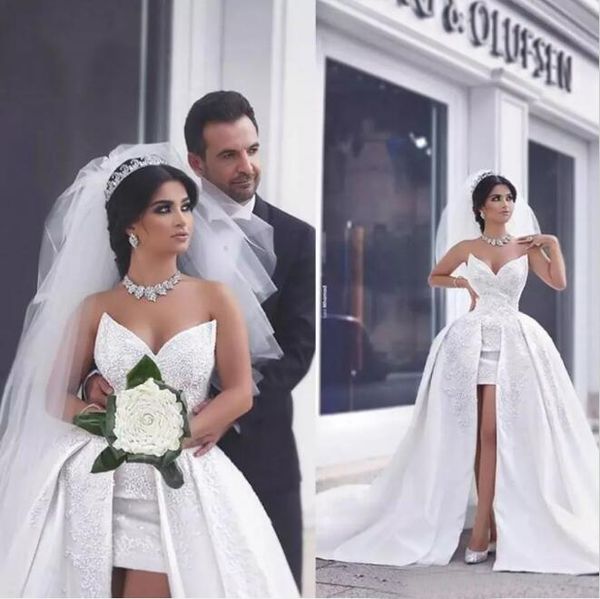 Modern 2019 vestidos de casamento árabe com longo trem destacável querida bainha curta laço appliqued frisado alto baixo vestidos nupculos en8074