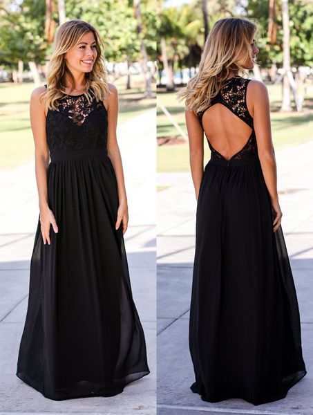 Vestidos de dama de dama de dama de renda formal preto longo sem mangas abertas de volta uma linha de comprimento do piso simples maxi bridesmais vestido barato personalizado