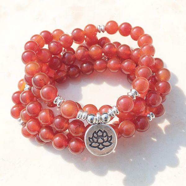 SN1145 Handgefertigtes Damen-Armband oder Halskette aus 8 mm rotem Achat mit 108 Mala-Perlen, Silber, Lotus-Buddha-Ohm-Charm-Armband, Großhandel