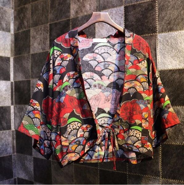 

wholesale- cardigan summer printing loose short paragraph japanese kimono jacket, Black;brown