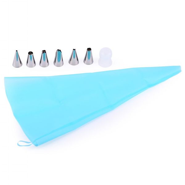 

wholesale- 8 in 1 silicone icing piping cream pastry bag + 6pcs stainless steel nozzles and converter diy cake decorating tool tips set