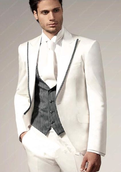 Custom Made Branco Ternos ternos de casamento Lapel Tailcoat Tuxedo noivo ternos casaco de manhã Noivo Smoking Business Jacket + calça + colete + gravata)