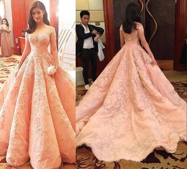 

luxury pink prom dresses 2019 cap sleeve with lace appliques arabic dubai vestido de fiesta a line delicate long formal evening gowns ba6255, Black