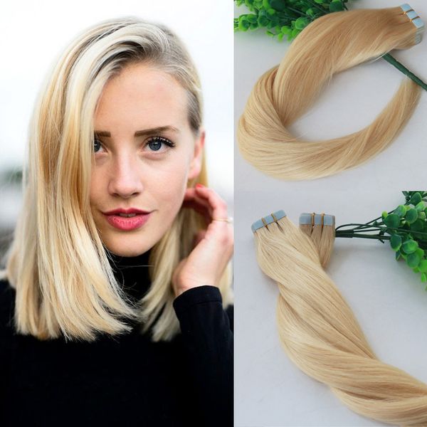 

100g tape in human hair extensions blonde 613 bleached blonde remy tape hair extensions skin weft pu, Black