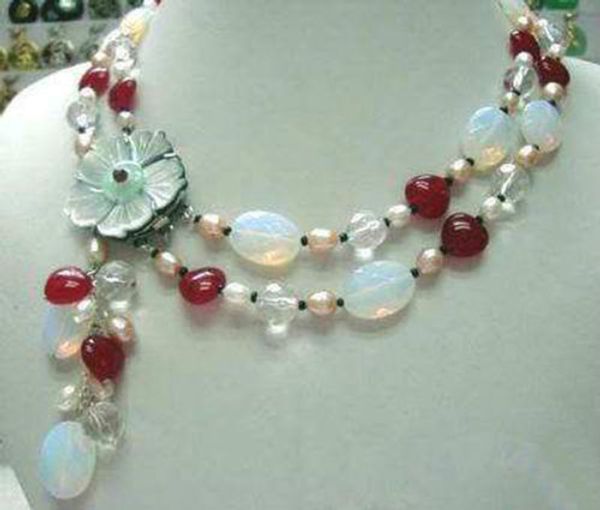 

fashion 2rows white pearl moonstone red ruby shell flower clasp necklace, Silver