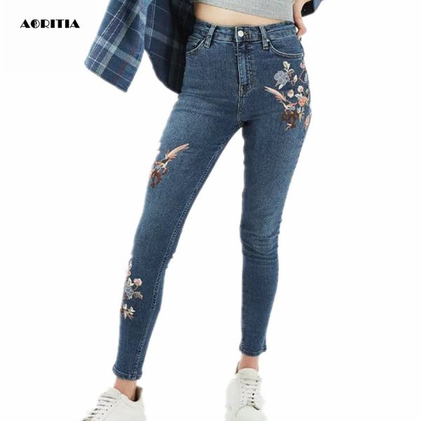 

wholesale- 2017 woman embroidery denim ankle-length pants casual jeans with embroidery, Blue