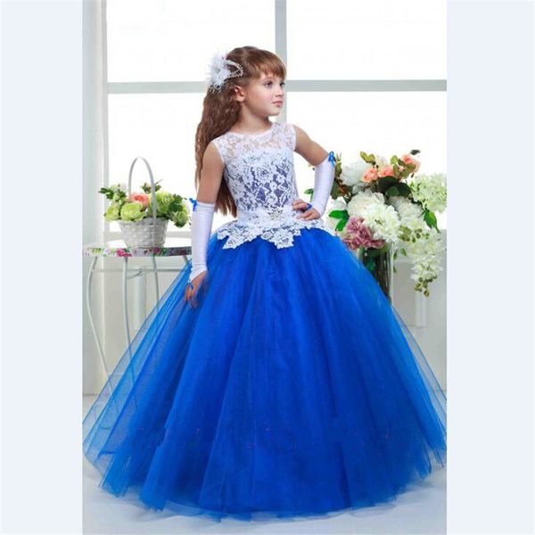 2019 Royal Blue Flower Girl Dress vestido de baile Caixilhos de tule Frisada Kid Evening Vestido Pageant Vestidos para Little Girls vestido daminha