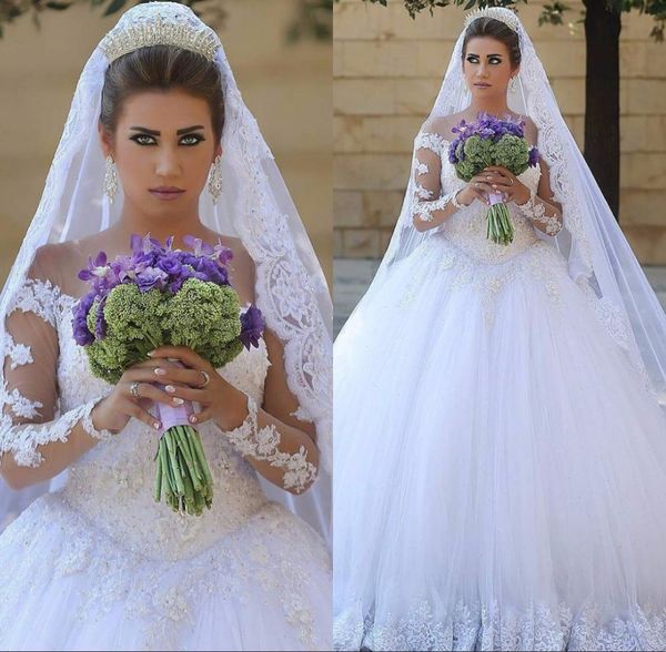 

tulle elegant arabic dubai wedding dresses long sleeves beadings ball gown appliques lace sheer bridal gowns, White