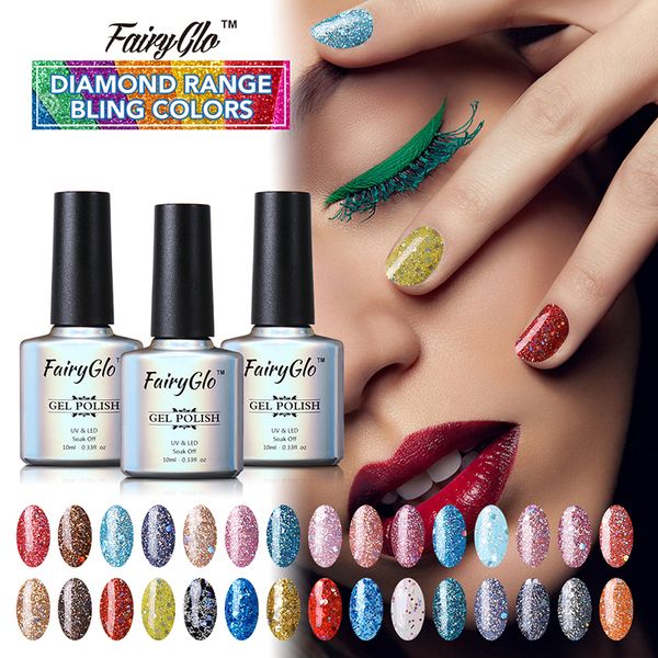 

wholesale-fairyglo 1pcs diamond range bling color gel nail polish 10ml vernis semi permanent gel lak uv led soak off nail gel 30 color, Red;pink
