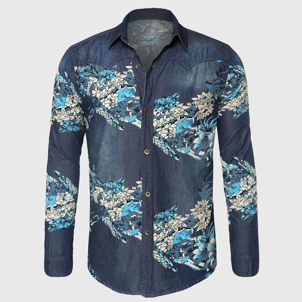 

wholesale- floral denim shirt men flower print shirt jeans male vintage camisa masculina, White;black