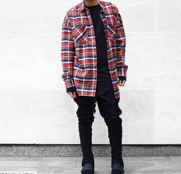 

Mens Casual Shirts FEAR OF GOD shirts men justin bieber flannel Scotland plaid long sleeve shirts Hiphop extended oversize Men Cotton Tops