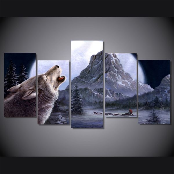 2019 Hd Printed The Wolf Howl Moon Mountain Painting Canvas Print