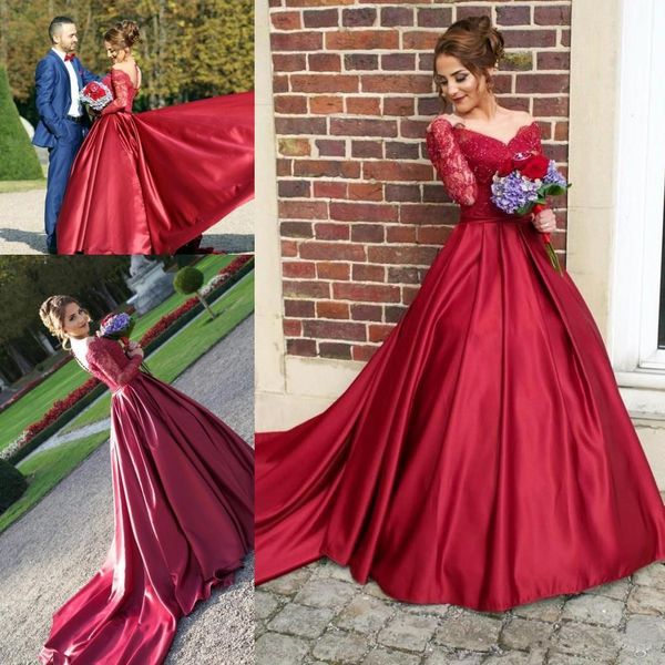 

dark red lace off shoulder wedding dresses satin a line back covered buttons long sleeve bridal gowns court train wedding vestidos, White