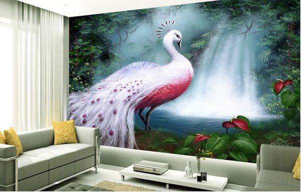 Papel de parede de mesa Pintados à mão manhã floresta cachoeira Pavão branco Fresco sofá fundo parede