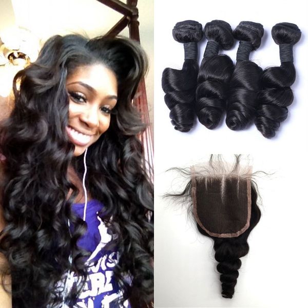 4 Bundles Brazilian Loose Wave Hair Weaves With Closure 100 Human