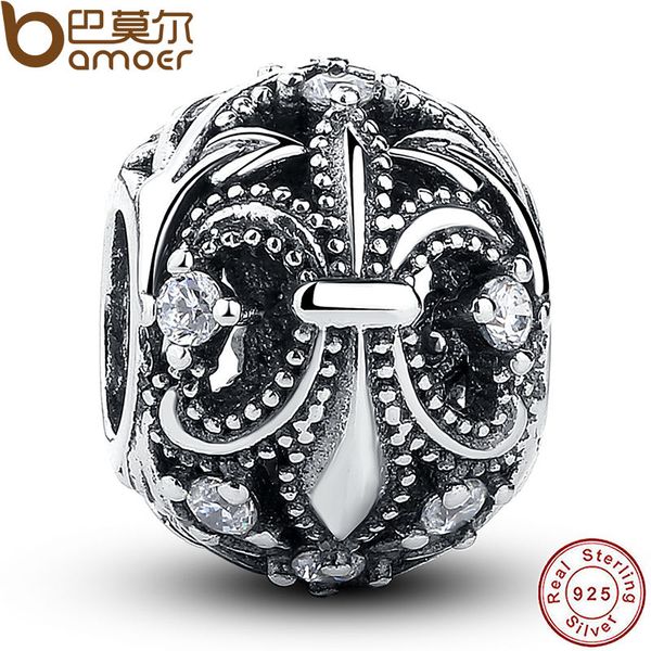 

wholesale- 925 sterling silver three petals of the nature fleur-de-lis clear cz charm fit bme bracelet bangle jewelry making pas030, Bronze;silver