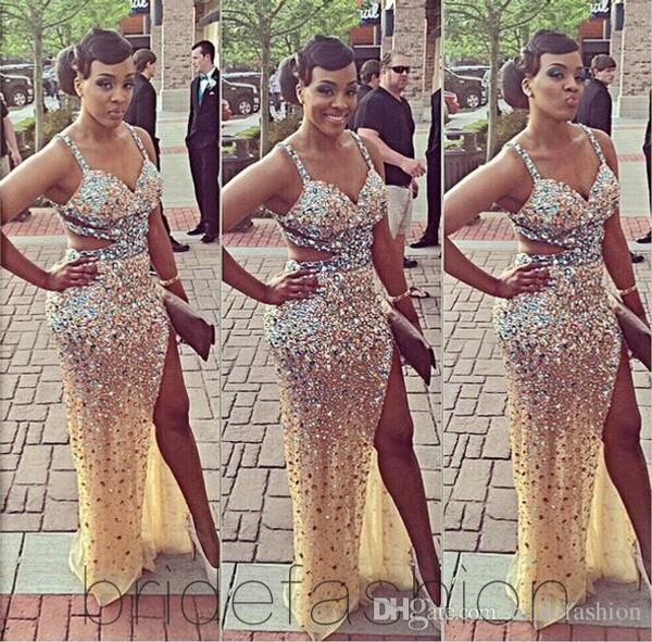 

sparkling v-neck open back sleeveless see through tulle full with crystals beaded long pageant prom dresses high thigh slit evening, Black;red