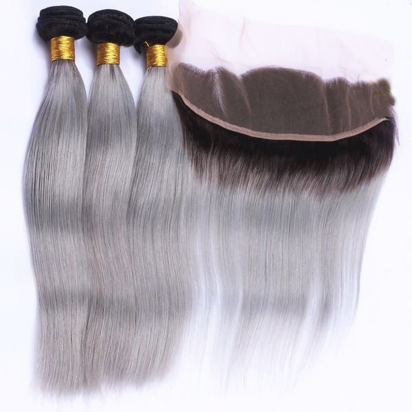 

Brazilian traight hair with lace frontal clo ure ombre two tone virgin human hair bundle with ear to ear lace frontal t1b ilver grey