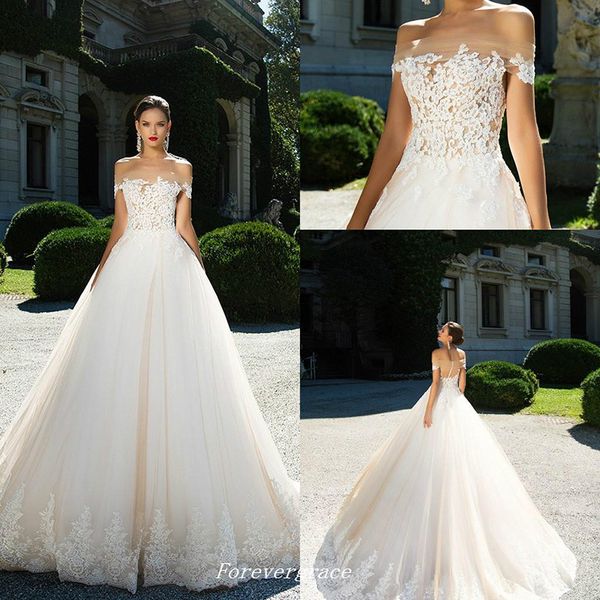 

vintage a-line wedding dress elegant illusion back off shoulders lace appliques bridal gown custom made plus size, White