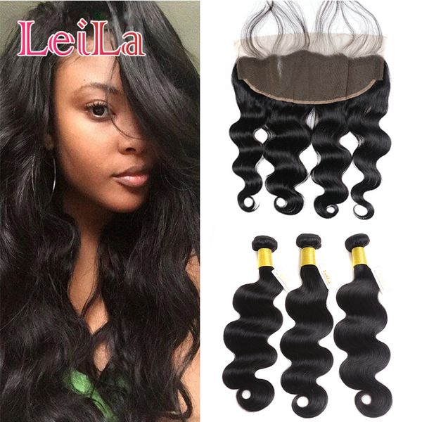 

7a indian13x4 lace frontal closure with bundles part body wave ear to ear unprocessed virgin human hair with closure, Black;brown