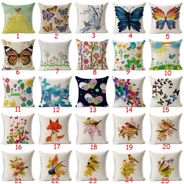 Retro Butterfly Cushion Cover Cotton Linen Fox Bird Puzzle Flower