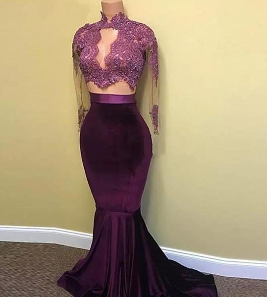

real picture two pieces платья для выпускного вечера 2017 прозрачное платье с высоким воротом и длинным рукавом бархатное кружевное бордовое, Black