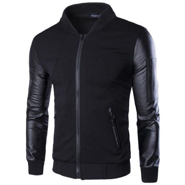 

2017 fashion men hoodies patchwork leather sleeve hoodies male jacket sweatshirt casual suit pullover ing, Black