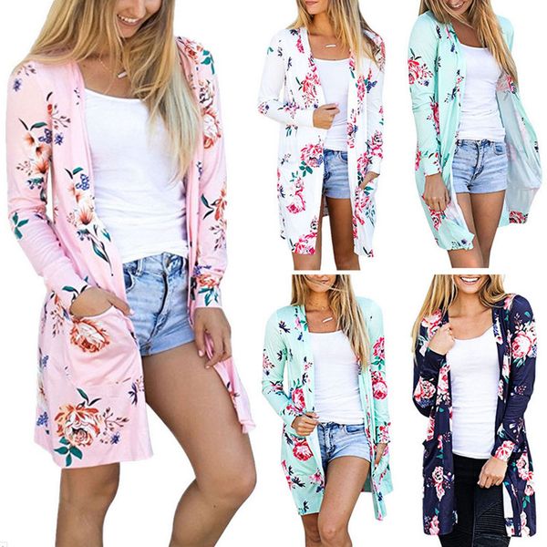 

Casual Fall Autumn Womens Fashion Long Sleeved Flower Floral Print Open Front Tops Cardigan