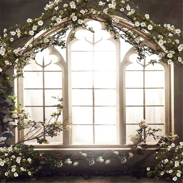 Romantic Wedding Photo Studio Backdrop French Window White Flowers Interior Room Vintage Photography Backgrounds Photograph Background