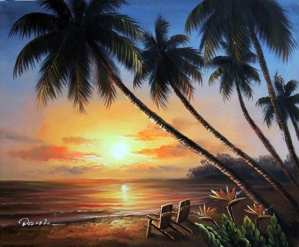 Acheter Encadré Hawaii Island Couple Chaises Coucher De Soleil Plage Palmiers Peinture à Lhuile De Paysage Marin Peint à La Main Sur Toile Multi