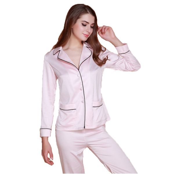 

wholesale- 2016 silk satin women's nightwear pajamas sets with turn-down collar silk sleepwear set long sleeve pant 2 pieces, Black;red