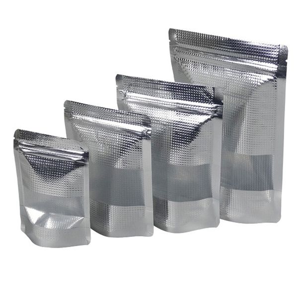 

2018 gift bags 100pcs/lot 6sizes windowed silver coating embrass stand up zip lock bag self seal zipper food storage retail packaging pouch
