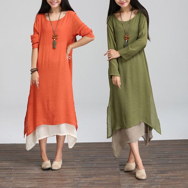 

wholesale- fashion 2017 cotton linen vintage dress summer autumn women casual loose long maxi dresses plus size a507, White;black
