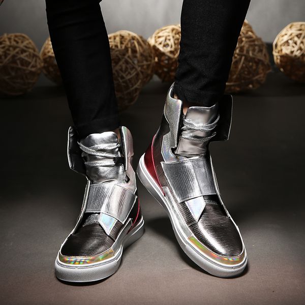 

Men High Top Fashion Hip-hop Dance shoes Lace Up Trainers patent Leather Outdoor Casual Flats Shoes Mans sapatos masculinos