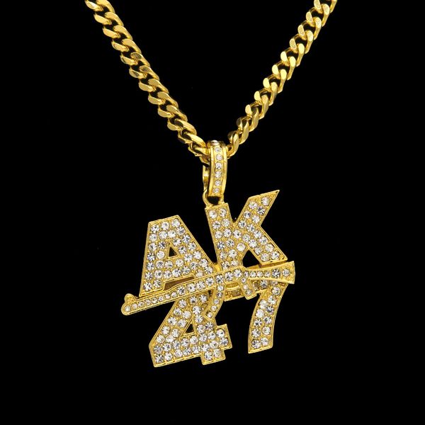 Herrenmode AK47 Buchstaben Maschinenpistole Anhänger Halskette Europäischen Hip Hop Schmuck vergoldet Bling Strass Halskette