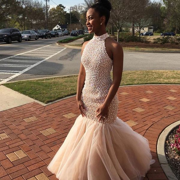 

new fashion crystal mermaid long prom dresses 2017 light champagne high neck backless formal evening gowns party dresses, Black