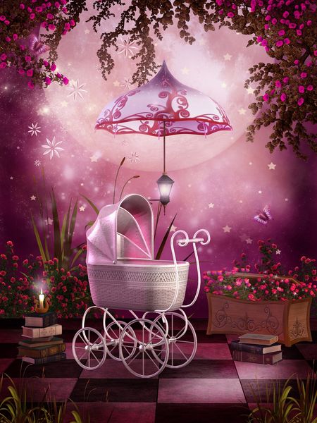 Fondali per fotografia in carrozzina per neonati Vinile Glitter Stelle Grande luna Farfalla Libri Fiori rosa Sfondi da giardino 5x7ft
