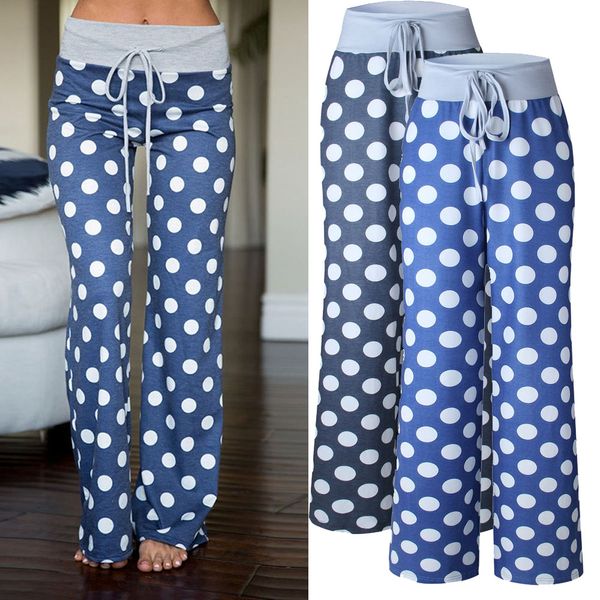 

S-3XL Women Casual Fashion Polka Dot Print Drawstring Wide Leg Palazzo Pants Ladies Loose Pajama Trousers