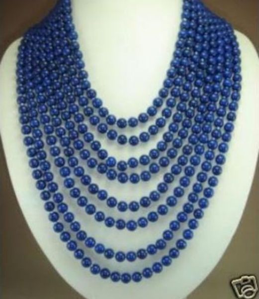 

8 rows charming 6mm blue lapis lazuli beads necklace, Silver