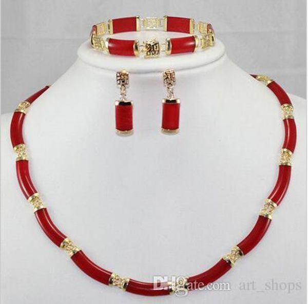 

noblest red ruby link necklace bracelet earring set, Black