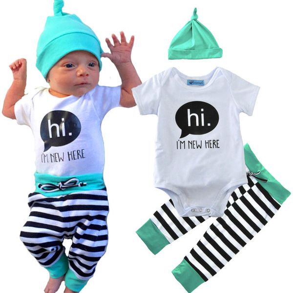 

newborn baby boys girls clothes set t-shirt letter hi + long pants striped + hat 3pcs baby boys outfits set, White