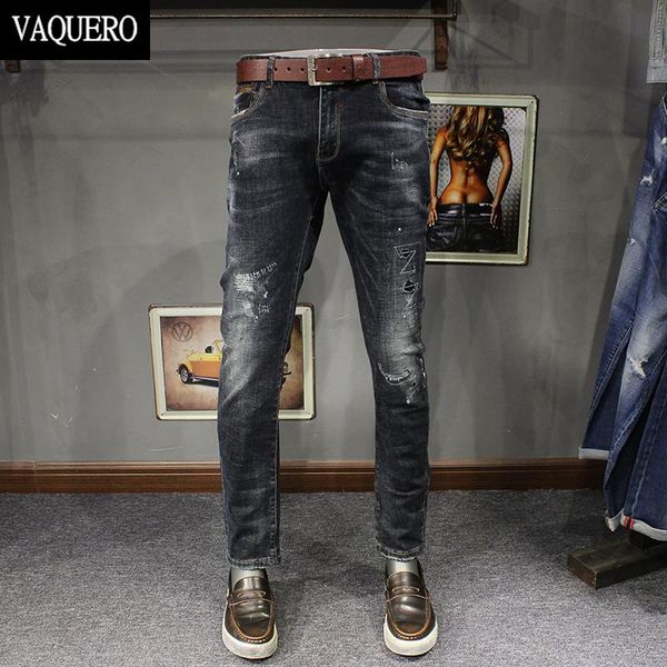 

wholesale-2016 autumn ripped jeans men hand washing holes blue black denim stretch men's skinny jeans slim fit jeans homme pencil pants