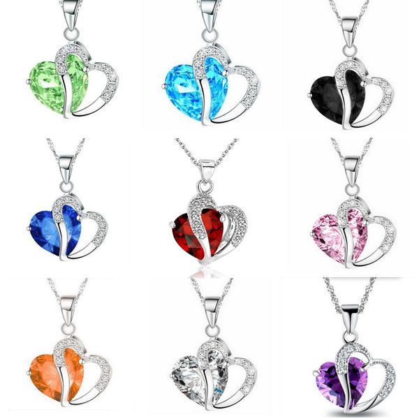 

Women Crystal Heart pendant Necklaces 9 colors Rhinestones LOVE Silver chains necklace For ladies Fashion Luxury Jewelry cheap wholesale