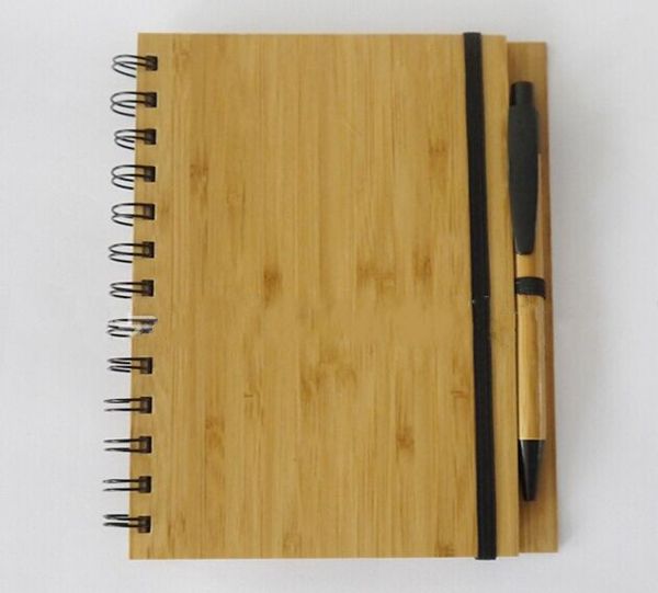 

Wood bamboo cover notebook piral notepad with pen 70 heet recycled lined paper llfa