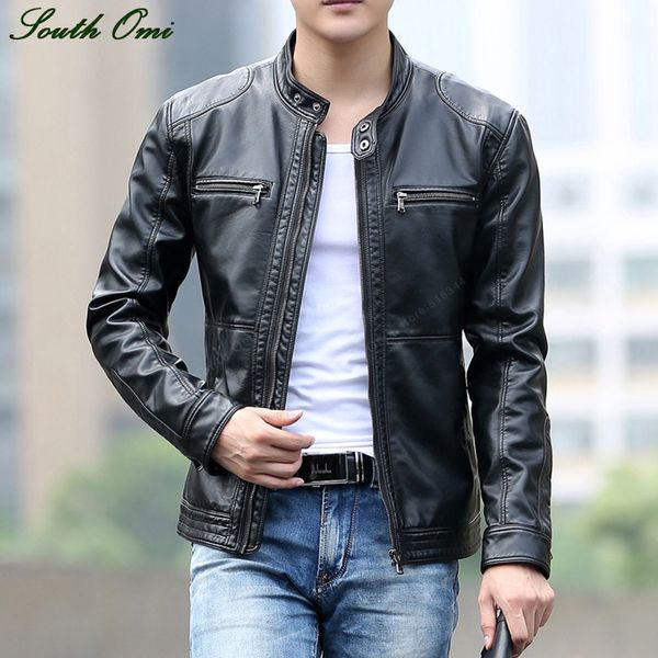 

wholesale- autumn mens leather motorcycle rider bomber jacket moto red pu leather coat jaqueta de couro masculina campera cuero hombre new, Black