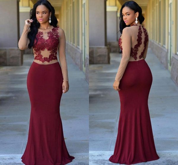 

vintage burgundy mermaid prom dresses 2017 crew neck nude long sleeve lace appliqued floor length evening dresses custom ba4324, Black