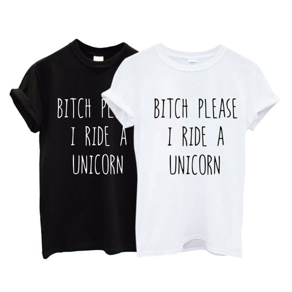 

wholesale-harajuku women tshirt bitch please i ride a unicorn print funny cotton shirt for lady tee hipster white black plus