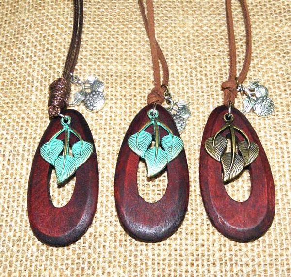 

double wooden oval leaves pendant necklace vintage tibetan silver cross sweater chain men women jewelry handmade stylish 12pcs