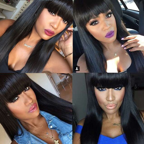 

2017 wholesale 100% human hair silky straight wave full lace wigs with bangs for black women chinese human hair, Black;brown