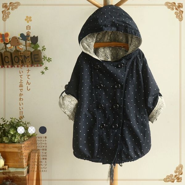 

wholesale- 2017 spring autumn new women jacket mori girl dot print half-sleeve lace patchwork double-breasted hooded casual outerwear coats, Black;brown
